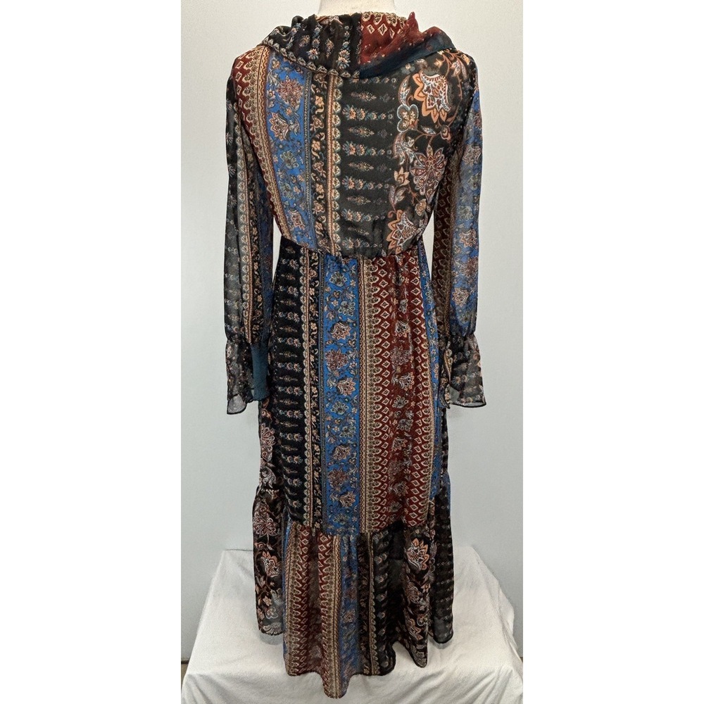 Zara Patchwork Maxi Dress Sz Medium Boho Ruffle Trim Forest Fairy Vneck - Picture 3 of 8